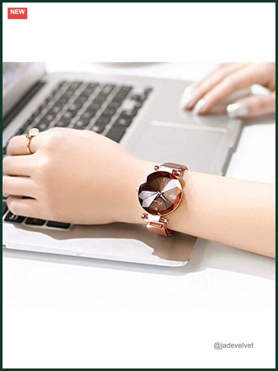 Women\'s Rose Gold Stainless Steel Magnetic Mesh Band Quartz Watch Water
